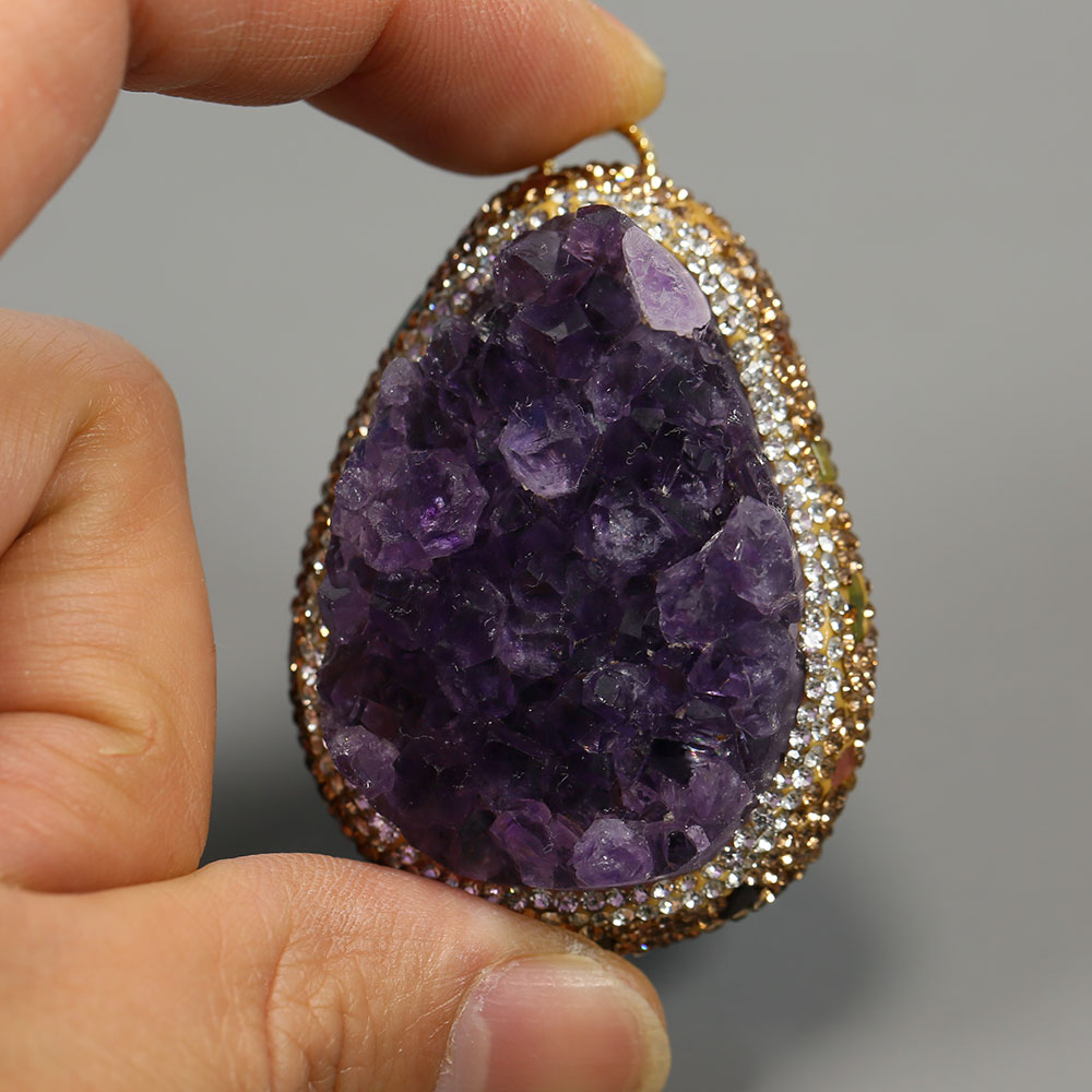 Crystal Pendant Necklace Natural Stone - Cluster de Quartz améthyste violette naturelle,